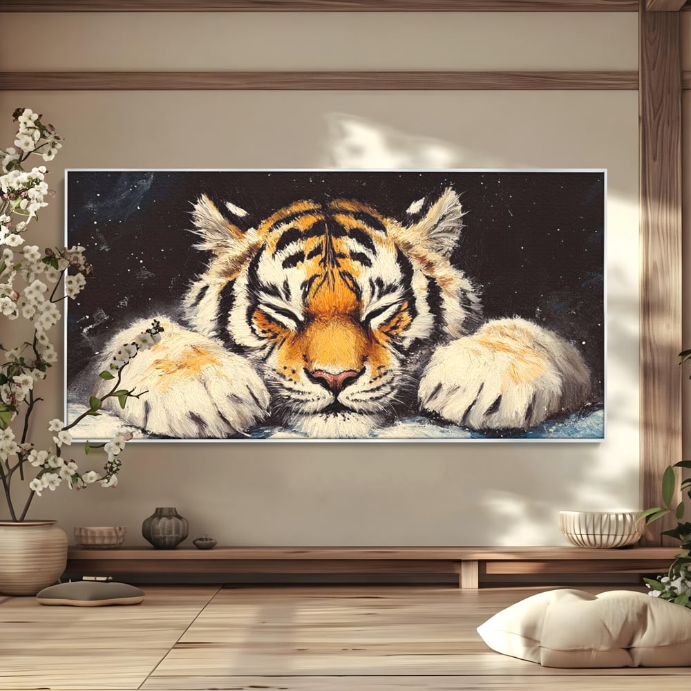 Tablou canvas cu tablou canvas cu pui de tigru dormind, in rama de aluminiu argintiu